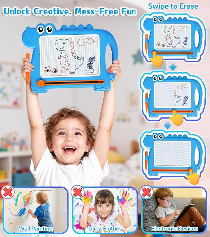 Dinosaur Magnetic Doodle Board Table for Toddlers, Color Drawing & Writing Sketch Pad Educational Learning Kids Toy for 1 2 3 Year Old Boys Girls, Mess-Free Art Gift for Birthday or Christmas, Blue