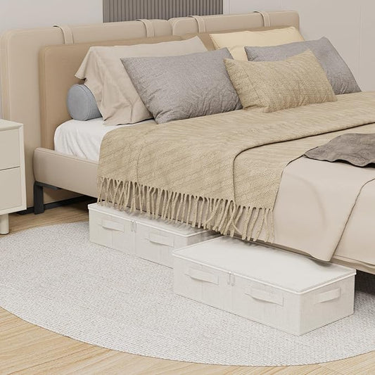 ENUMAIL Underbed Storage Box Organizer, Foldable Under Bed Clothes Bags Container, Flat Bins with Lid for Organizing Clothes, Sheets, Blankets, Comforter, 23.6x11.8x5.9in, Beige, 3 Pack