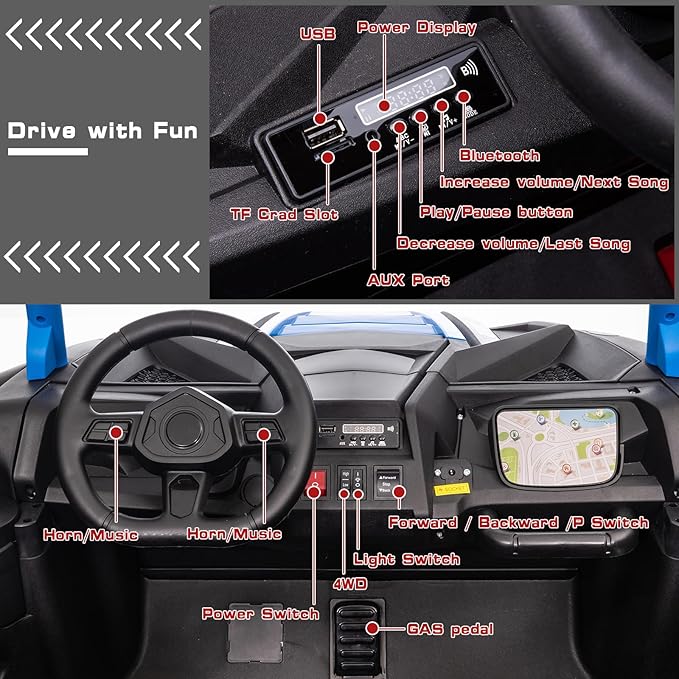 POSATCK 24V Ride On UTV 2024 Kids 2 Seater Electric Vehicle Car with Parents Remote Control for 4 Wheels Drive Kids Battery Powered UTV Electric Car for Girls Boys with EVA Rubber Compound Tires, Blue