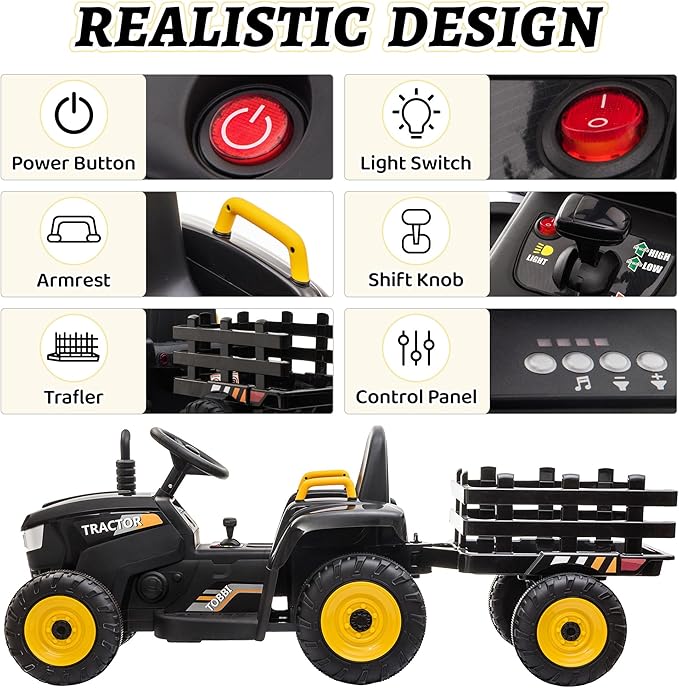 TOBBI Kids Electric Ride On Toy Tractor, Toddlers 12V Battery-Powered Car to Drive, 35W Dual Motor 6-Wheels Trailer Vehicle with 3-Speeds/LED & Horn Functions for Chirdren Aged 3-6-Black