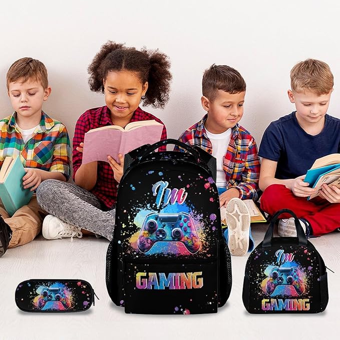 COZYAURA Kids Backpack with Lunch Box - Graffiti Video Gamer Backpack for School - Lightweight Black Gaming Backpacks for Boys