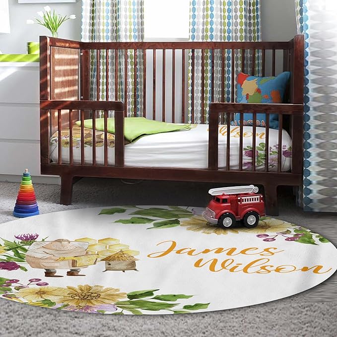 Personalized Baby Crib Bedding Set, Custom Name Nursery Bedding 5-Piece - Baby Blanket Fitted Sheet Changing Pad Cover Rug and Wall Art, Bee-Themed Crib Gift for Boys Girls