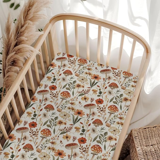 Boho Mushroom Floral Leaves Baby Crib Sheets for Boy Girl 28"x52" Vintage Mushrooms Soft Stretchy Fitted Crib Mattress Cover Retro Mushroom Nursery Baby Sheet for Standard Crib and Toddler Mattress