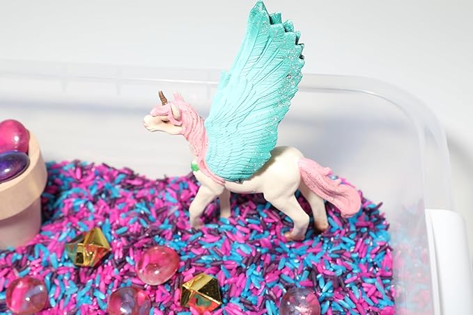 Unicorn Sensory Bin Kit for Kids – Pink, Purple & Blue Rice, Unicorn Figurines & Charms, Crystals & Wooden Tools – Includes Clear Storage Bin