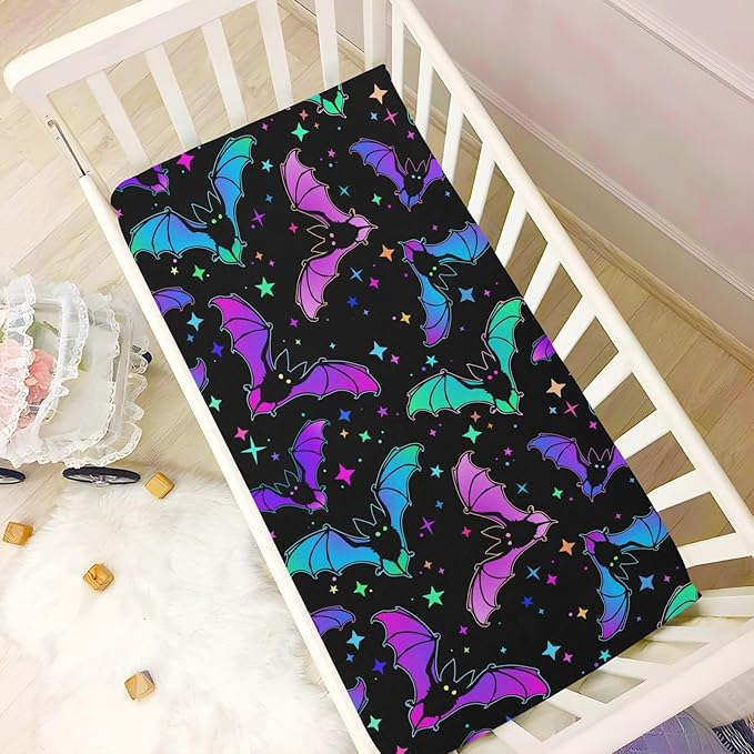 Halloween Bats Stars Crib Sheets Soft Breathable Fitted Baby Playard Sheets Mattress Cover for Girl Boys, 39" x 27" x 5"