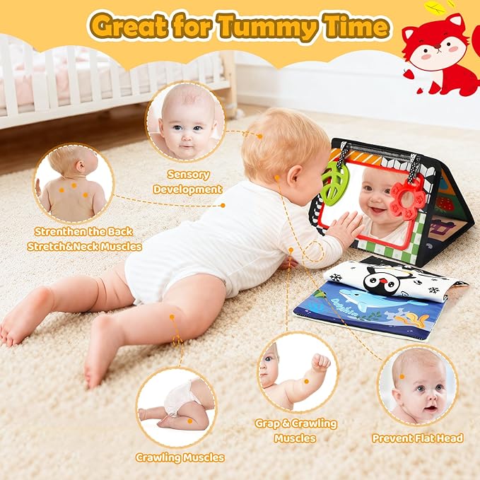 Tummy Time Toy - Black and White High Contrast Baby Toys for Newborn - Baby Visual Stimulation Mirror - Montessori Sensory Crinkle Toy for Infant 0-3-6-12 Months - Boy Girl Gift