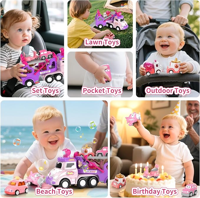 Cars Toys for 2 + 3 + Year Old Girl, 7-in-1 Princess Transport Carrier Trucks for Toddlers Girl 2-4, Friction Power Toy Cars with Lights & Music, Birthday Gift for Girls Age 2 3.