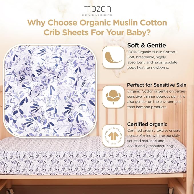 MOZAH Organic Muslin Crib Sheets, Soft and Breathable Bedding for Baby Girls or Boys, Snug Fitted Sheet for Standard Cribs & Toddler Mattresses, 2 Pack, Blue and Blue Leaves