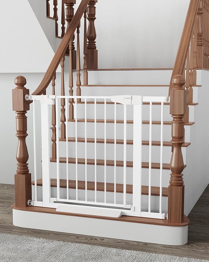 Cumbor 29.7-40.6" Baby Gate for Stairs, Mom's Choice Awards Winner-Dog Gate for Doorways, Pressure Mounted Auto-Close Pet Gates for Dogs Indoor, Safety Child Gate with Easy Walk Thru Door, White