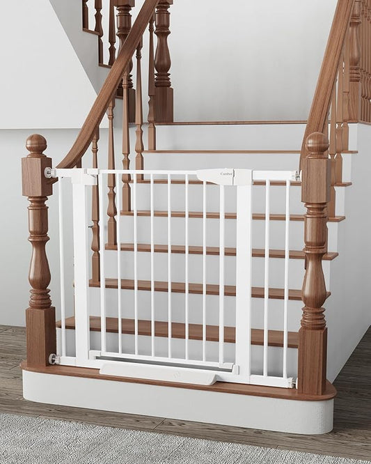 Cumbor 29.7-40.6" Baby Gate for Stairs, Mom's Choice Awards Winner-Dog Gate for Doorways, Pressure Mounted Auto-Close Pet Gates for Dogs Indoor, Safety Child Gate with Easy Walk Thru Door, White