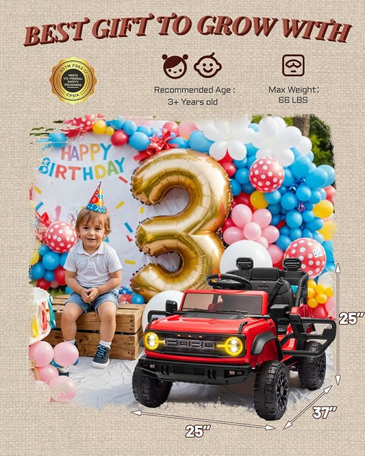 First Ride On Ford Bronco Raptor Licensed 12V Ride on Toys, Kids Ride on Car with Remote Control, Electric Car for Toddler with Smooth Start, Openable Doors, MP3 Player, 3 Speeds (12V, Red)