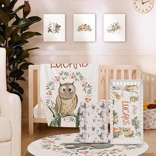 Custom Crib Bedding Set – Personalized Name Owl Baby Bedding 5-Piece Set with Soft Blanket, Fitted Sheet, Changing Pad Cover, Rug and Wall Art – Whimsical Woodland Nursery Decor for Boys Girls