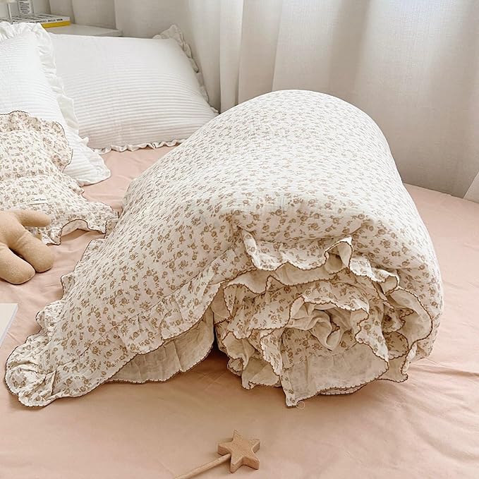 BuLuTu Kids Duvet Cover Soft 2-Layer Cotton Muslin Floral Duvet Cover Beige Comforter Cover Bedding Duvet Protector, 60"x78", Camellia Print (Pillowcases Not Included)