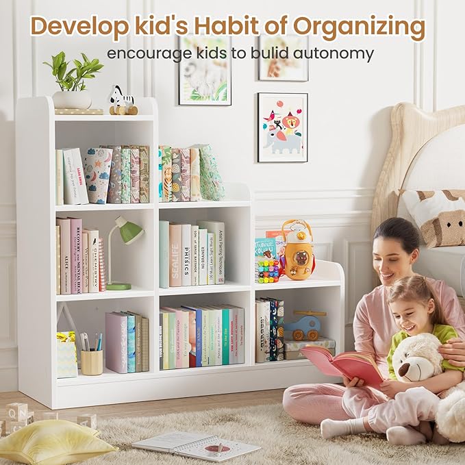 Derfullo Book Shelf, 6-Cube Toy Organizers and Storage, Small Open Floor Montessori Bookcase for Kids Room, Bedroom and Playroom, 35.4" W x 11.8" D x 31.5" H, White