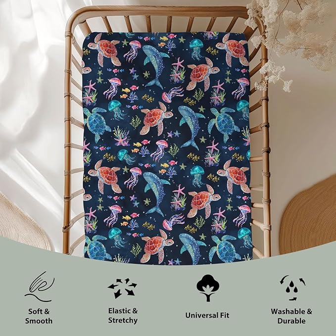 Fantasy Sea Animals Baby Crib Sheets for Boy Girl 28"x52" Turtle Whale Jellyfish Corals Soft Stretchy Fitted Crib Mattress Covers Nautical Marine Baby Sheet for Standard Crib & Toddler Mattress Navy