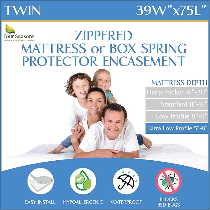 Twin Size Mattress or Box Spring Encasement (5" to 8" Depth) - Waterproof Zippered Protector Hypoallergenic Premium Bed Cover Protects from Dust Allergens