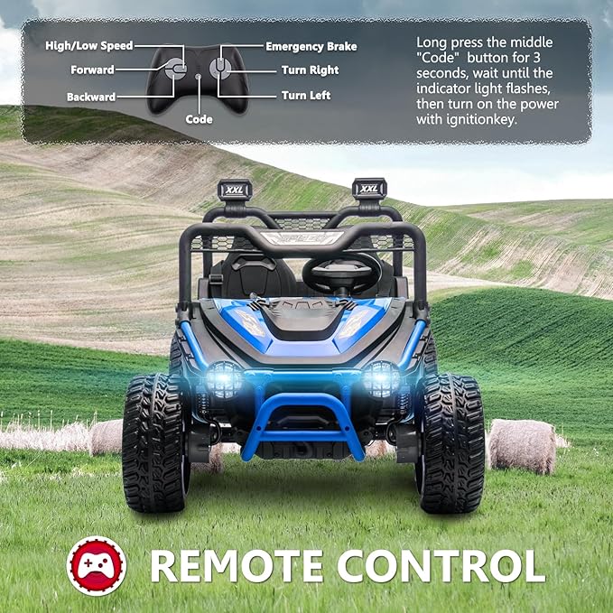 XXL 2 Seater Ride On Toys for Big Kids 24V Ride On Car with Remote Control 4WD Kids UTV with 22" Seat, Bluetooth, Music Player, EVA Rubber Tires, Spring Suspension, Blue