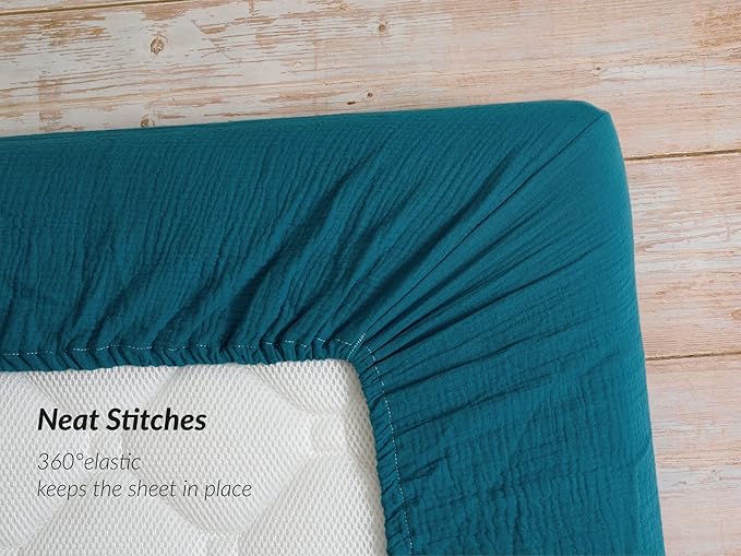 Meracorallo Muslin Fitted Crib Sheet, Soft and Breathable Solid Color Baby Crib Sheet for Standard Crib and Toddler Mattresses (Teal Blue)