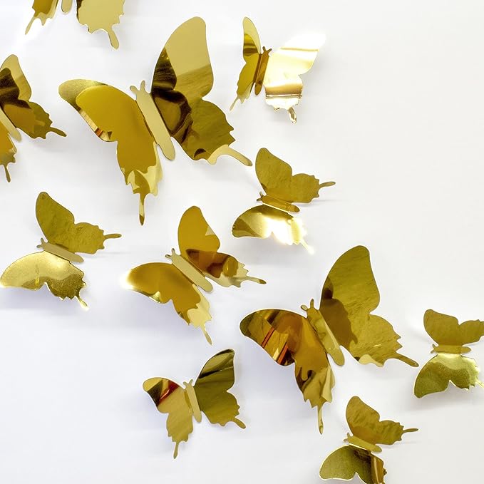 Butterfly Wall Decal Room Decor, Gold Butterfly Wall Decor 24 pcs, Party Decor, Wedding Decoration, Aesthetic Butterflies Stickers for Bedroom