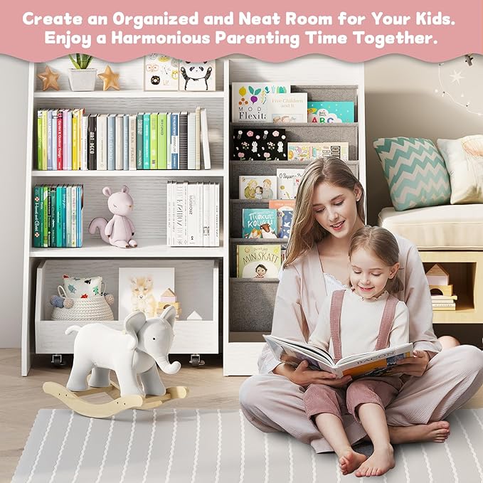 COZPAW Kids Bookshelf and Toy Storage, 4 Tier Toddler Bookshelf with Movable Drawer 5 Sling Pockets, Montessori Book Shelf for Kids Room, Playroom, Nursery (White)