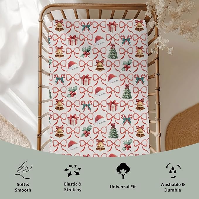 Red and Green Christmas Stripe Baby Crib Sheets for Boy Girl 52"x28" Santa Hat Fir Trees Gift Bows Soft Snug Fitted Crib Mattress Cover Winter Holiday Baby Sheet for Standard Crib & Toddler Mattress