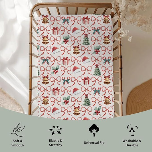 Red and Green Christmas Stripe Baby Crib Sheets for Boy Girl 52"x28" Santa Hat Fir Trees Gift Bows Soft Snug Fitted Crib Mattress Cover Winter Holiday Baby Sheet for Standard Crib & Toddler Mattress