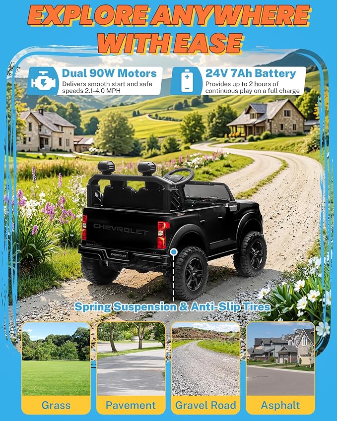 ENYOPRO 24V Ride on Toys for Big Kids, Licensed Chevy Silverado LT Trail Boss 2 Seater Ride on Car for Kids, Toddler Electric Car w/Remote Control, Safety Belt, Truck Bed, LED Lights, Bluetooth, Black
