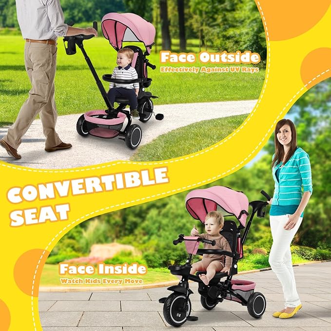 Folding Kids Tricycle, 8 in 1 Baby Trike W/Removable & Adjustable Canopy, Parent Handle, 5-Piont Safety Harness, Toddler Bike Stroller for Kids 1-6 Years, EVA Wheels, Storage Basket, Pink