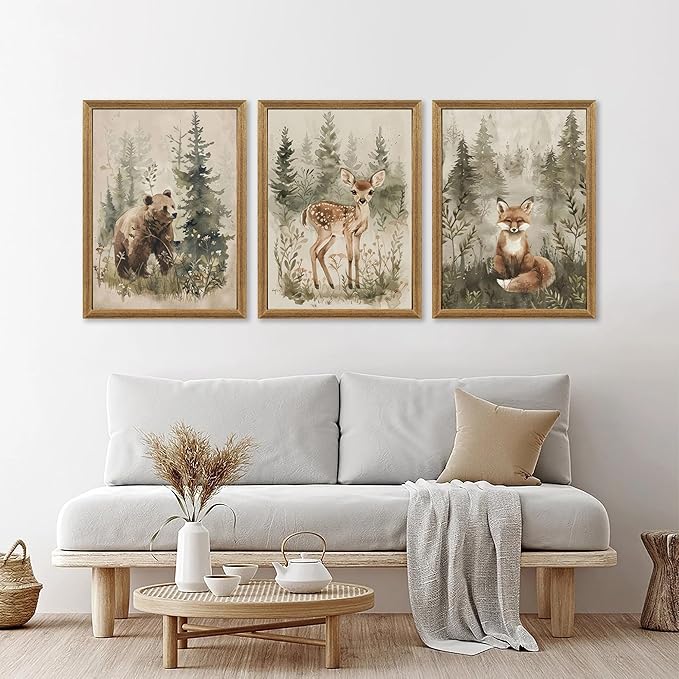 ICHZUMW Woodland Nursery Decor Wall Art Set of 3, Cute Forest Animals Canvas Prints Bear Fox Deer Pictures, Nature Watercolor Paintings for Baby Room Kids Bedroom Playroom, Neutral Artwork, 12x16in