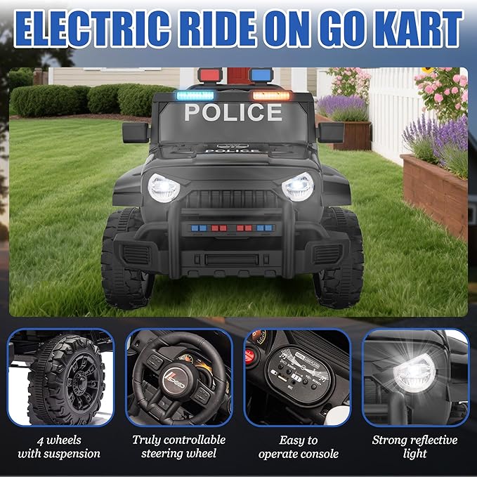 Ride on Police Car, 12V Kids' Electric Vehicles W/Parents Control, Ride on Toys for Toddlers with Music, Bluetooth, Four-Wheels Suspension, USB, Headlights, Police