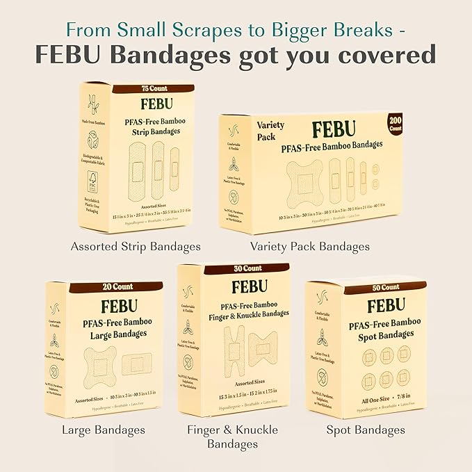 FEBU Eco-Friendly Large Bamboo Bandages | PFAS Free Bandages for Scrapes & Cuts | Flexible Fabric Bandage | Fully Compostable, Latex Free Bandage | 20 Count Large
