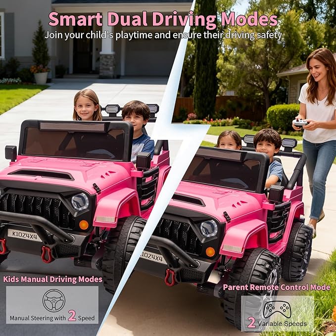 24V Ride on Toys for Big Kids, 2 Seater Ride on Cars with Remote Control, Ride on Truck w/ 4-Wheeler Suspension, 3 Speeds, Led Lights, Bluetooth Music Player