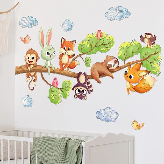 Cute Jungle Theme Wall Stickers Removable Animal Forest Wall Decals Elephant Monkey Lion Giraffe Zebra Peel and Stick Tropical Wall Art Decor for Nursery Bedroom Classroom (Colourful 4)