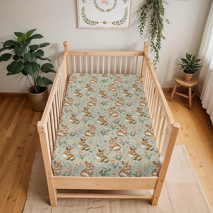 Vintage Rabbit Floral Baby Crib Sheets for Boy Girl 52"x28" Spring Bunnies Flowers Soft Stretchy Fitted Crib Mattress Cover Easter Bunny Wildflowers Baby Sheet for Standard Crib & Toddler Bed Mattress