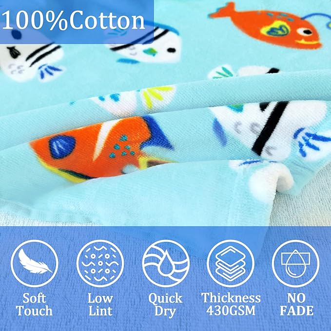 VOOVA & MOVAS Kids Beach Towels with Hood,(3-8 Years, 30''X50),Absorbent 100% Cotton Towel Wrap for Boys, Perfect for Toddler Beach, Pool, Bath, Swimming, Fish