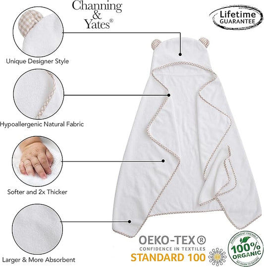 Channing & Yates Premium Organic Baby Towel Set - Soft Viscose Bamboo Hooded Towel & Washcloth - Girl & Boy Bath Essentials (Beige/White)