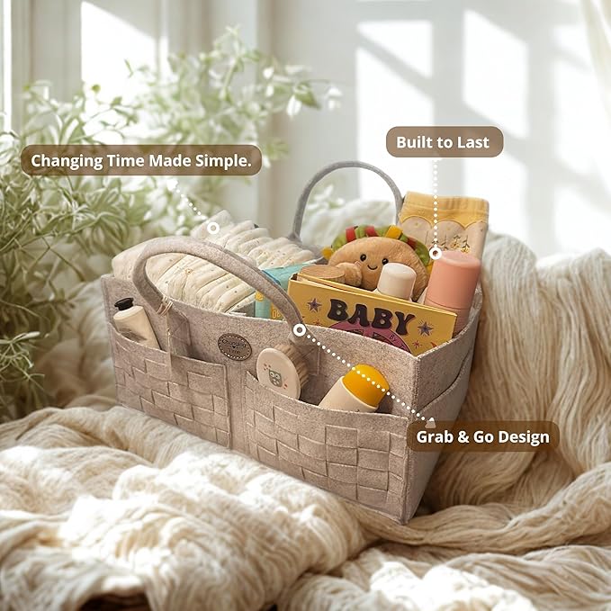 QGENUBA Baby Diaper Caddy Organizer for Nursery – Large Felt Storage Basket for Baby Essentials, Wipes & Diapers – Portable Nursery Organizer Bin for Changing Table or Living Room Light Grey