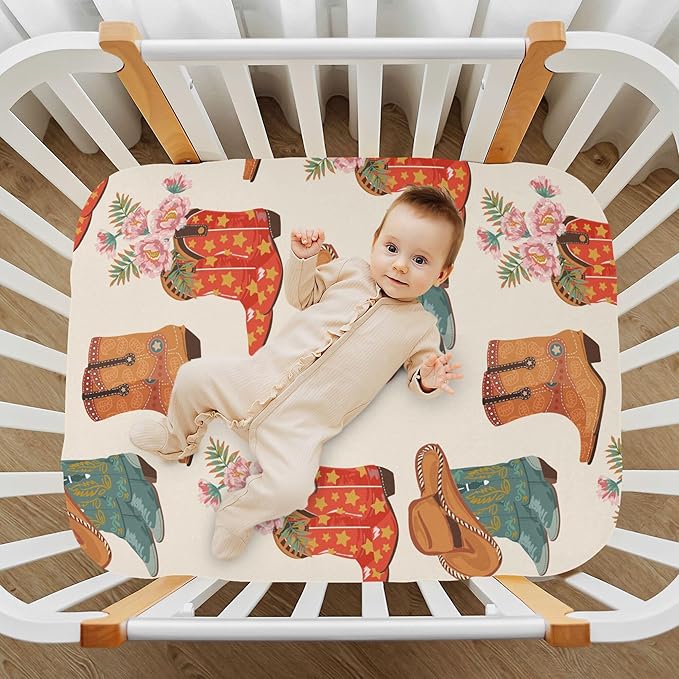 Western Cowboy Cowgirl Crib Sheets Soft Breathable Fitted Baby Crib Sheets Mattress Cover for Girls Boy, 52" x 28" x 9"