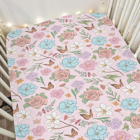 Vintage Wildflowers Baby Crib Sheets for Boy Girl 28"x52" Pink Floral Leaves Mushroom Butterflies Soft Snug Fitted Crib Mattress Cover Spring Garden Baby Sheet for Standard Crib and Toddler Mattress