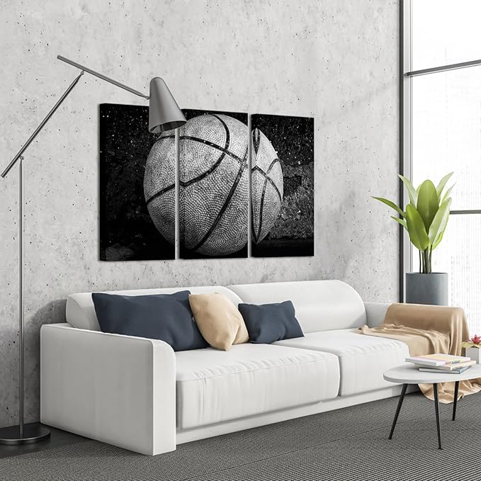 Nachic Wall Large 3 Panels Basketball Canvas Wall Art for Boys Room Vintage Black and White Sport Basketball Picture Posters Print for Gym Teenage Boy Bedroom Man Cave Decor Each Panel16x32Inch