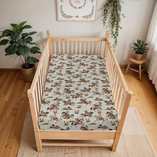 Vintage Cowboy Floral Baby Crib Sheets for Boy Girl 52x28Inch Western Cowboy Horse Soft Stretchy Fitted Crib Mattress Cover Wild West Desert Baby Sheet for Standard Crib & Toddler Bed Mattresses