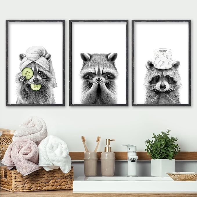 Funny Raccoon Bathroom Wall Decor Art 24x16 Inch Set of 3 Fun Bathroom Modern above the Bathtub Sign Rustic Restroom Farmhouse Cute Washroom Animal Prints Wood Framed Wall Hanging (Black)