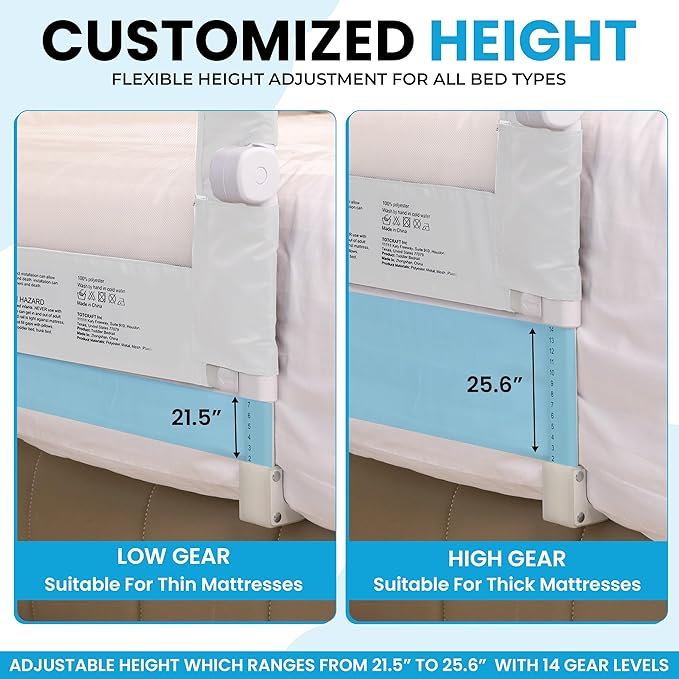 TotCraft FlexGuard Adjustable Length & Height Bed Rail for Toddlers – Fits Twin, Full, Queen & King Beds – 35.5″ or 59″ Two Fixed Lengths – 14 Height Levels – ASTM Certified Kids Safety Guard (White)