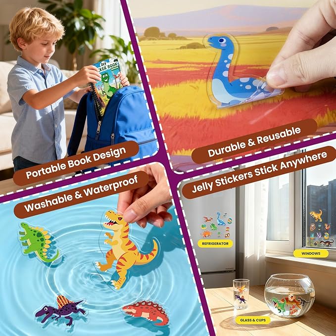 Dinosaur Reusable Sticker Book for Toddlers, DIY Make-a-face Animals Fun Jelly Stickers, Washable Puffy Stickers for Kids Toys, Airplane Road Trip Travel Activities Essentials for Kids 3 4 5 Years