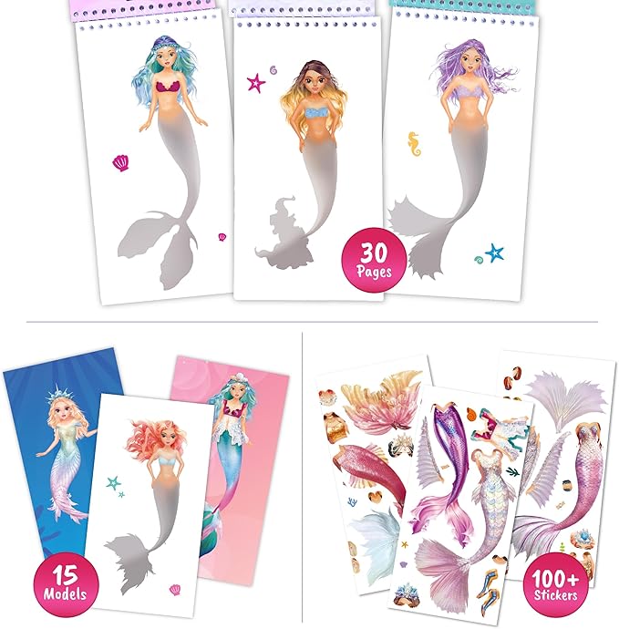BSCOOL Sticker Dress up Mermaid - Sticker Activity Book for Kids. Learn Girls Fashion Design for Mermaid with Stickers and Guides for Kids 5 and up. Little Designer Creativity Book