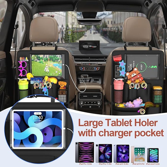 Oneyus Backseat Car Organizer with Touch Screen,Kick Mats Back Seat Protector with 10 Storage Pockets,Car Seat Back Organizers Storage for Snacks Drinks Toy Umbrellas for Kids Road Trip