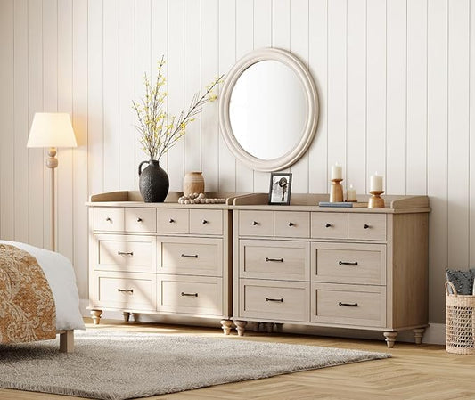 WAMPAT Set of 2 Kids Dresser with 12 Drawers, 2-in-1 Baby Dresser for Bedroom & Kids Room, Rustic Chests & Dressers Wooden Closet Organizer for Children's Bedroom, Beige