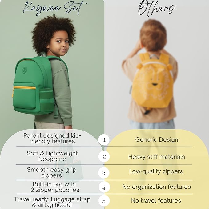 Kaywee 3pc Neoprene Kids Backpack SET with 2 zipper pouch & kids airtag holder | Elementary School backpack |Green Kids Superhero Backpack Boys and Girls Ages 3-8 Toddler airplane travel essentials