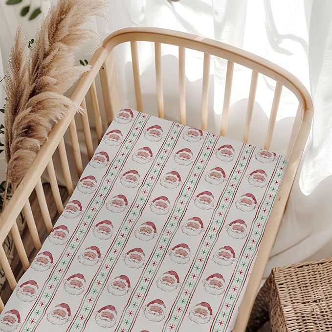 Red and Green Christmas Santa Baby Crib Sheets for Boy Girl 52"x28" Winter Santa Claus Stars Stripe Soft Snug Fitted Crib Mattress Cover Holiday Festive Baby Sheet for Standard Crib & Toddler Mattress