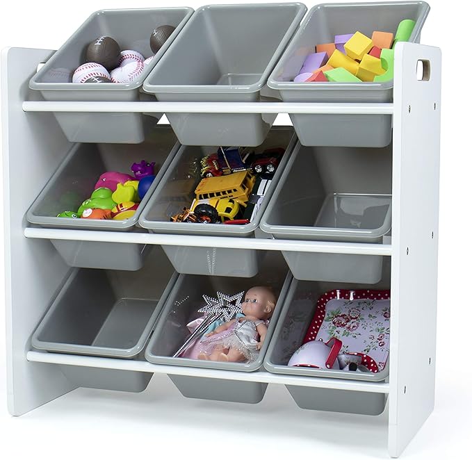 Humble Crew 9-Bin Toy Organizer – Explorer Natural White/Grey Plastic Bins, 3-Tier Storage Solution for Kids' Playrooms and Nurseries